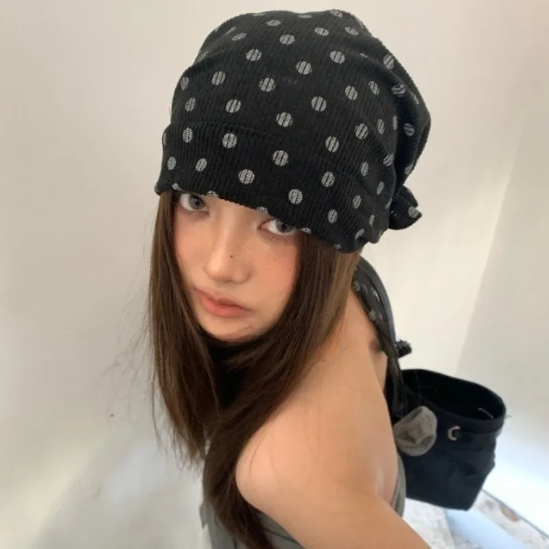 Women Vintage Polka Dot Slouch Headscarf Hat Spring Summer Elastic Strap Wrap Cap Soft Fashion Daily Casual Ladies Headwear