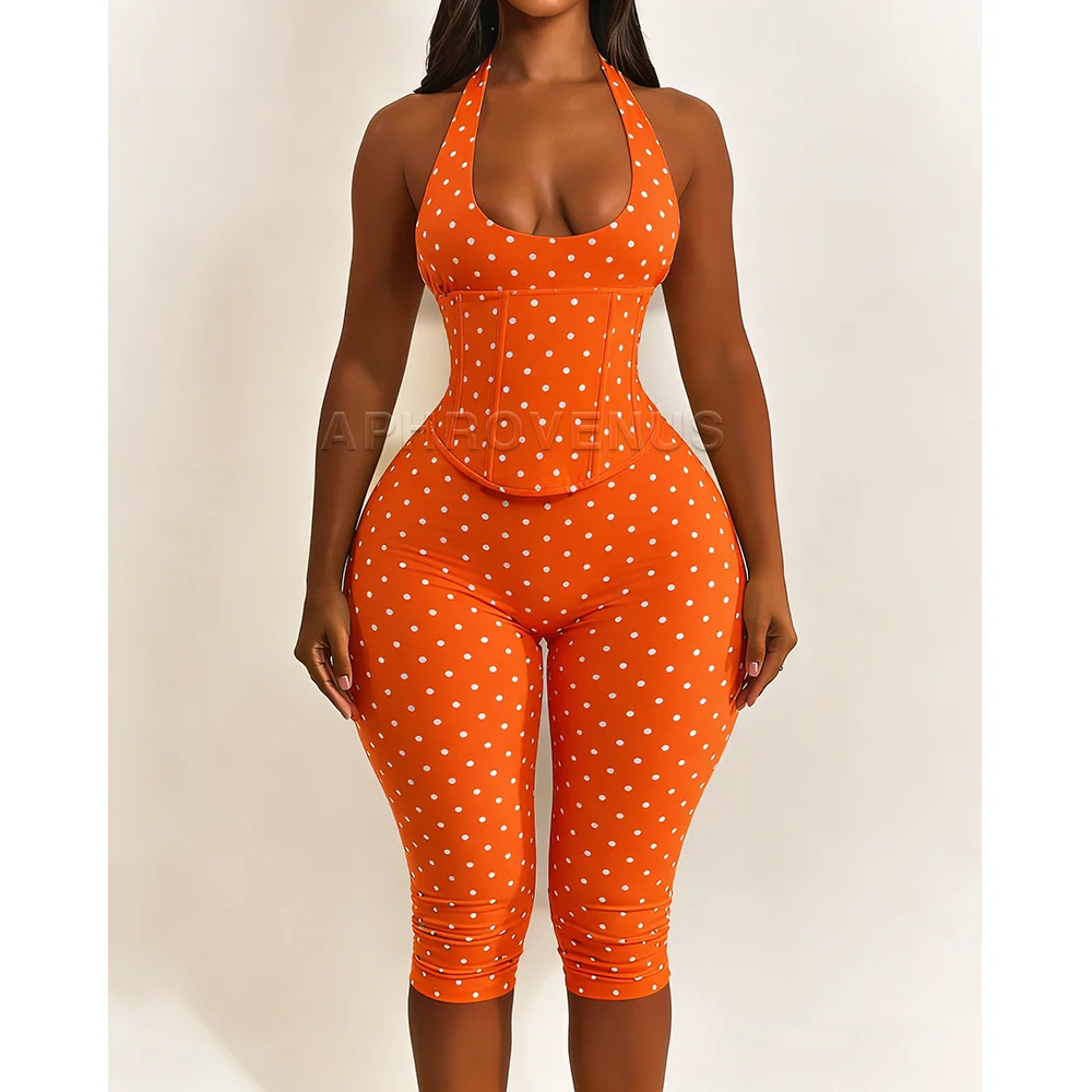 White Black Polka Dot Halter Neck Corset Jumpsuit Lace Up Backless Bodycon Capri Romper High Waist Shapewear Outfits For Party image 3