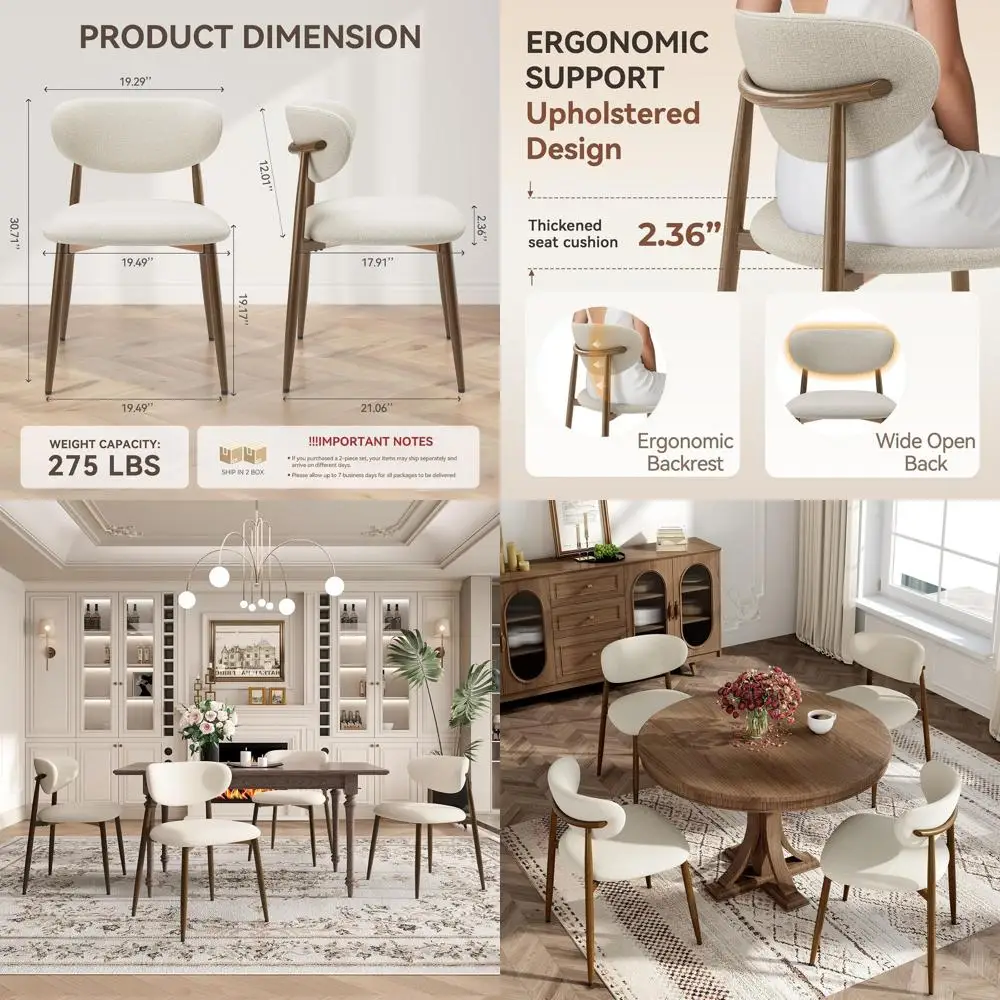 Set of 4 Curved Back Dining Chairs with Metal Legs, Beige Upholstery for Home and Restaurant Use