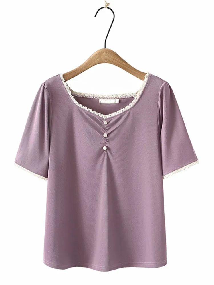 

Plus Size Women's Clothing Summer Short Sleeve Thin Stretch Strips Square Neck Pullover With Lace Trim Large Size Fashion Tops
