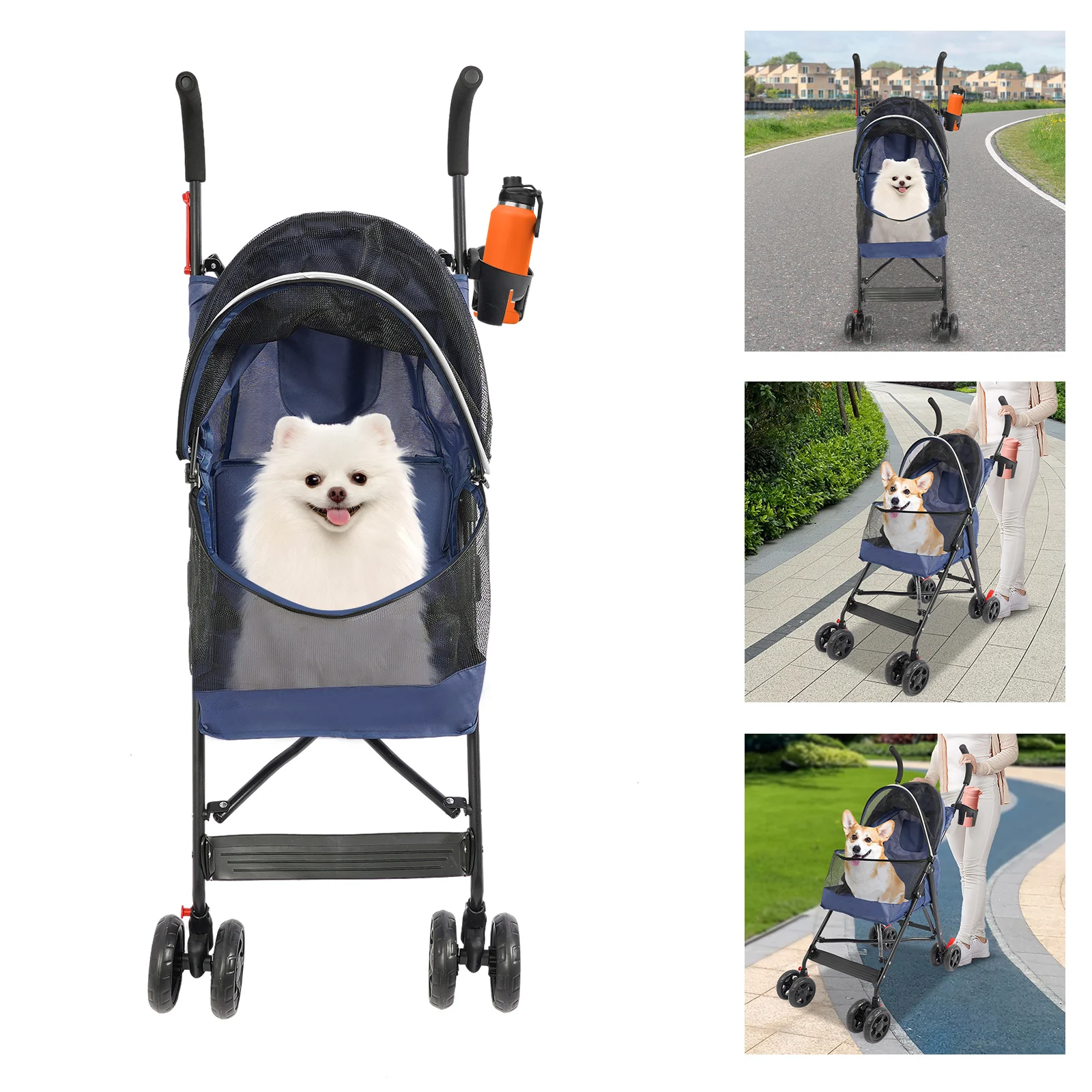 Passeggino da viaggio pieghevole per animali domestici da 10 kg/22 libbre Passeggino per animali blu Passeggino pieghevole per animali domestici con tasca posteriore portabicchieri