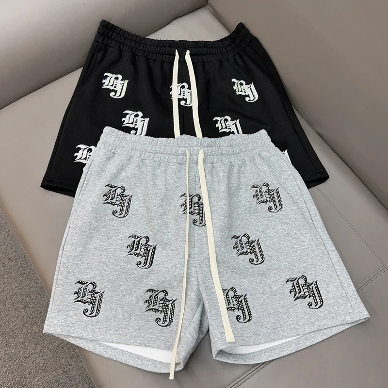 

Black Gray Embroidery Colorful Rhinestone Shortpants Men Women Summer Drawstring Sports Shorts Beach Short Pants Breeches