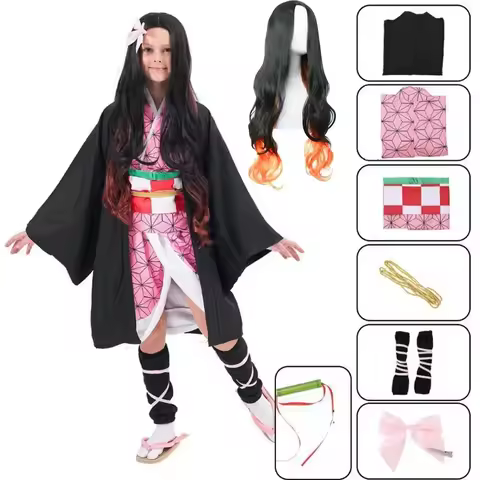 Anime Nezuko Cosplay Kamado Nezuko Cosplay Costume Nezuko Wig Uniform with Props for Adult Halloween Carnival Costumes