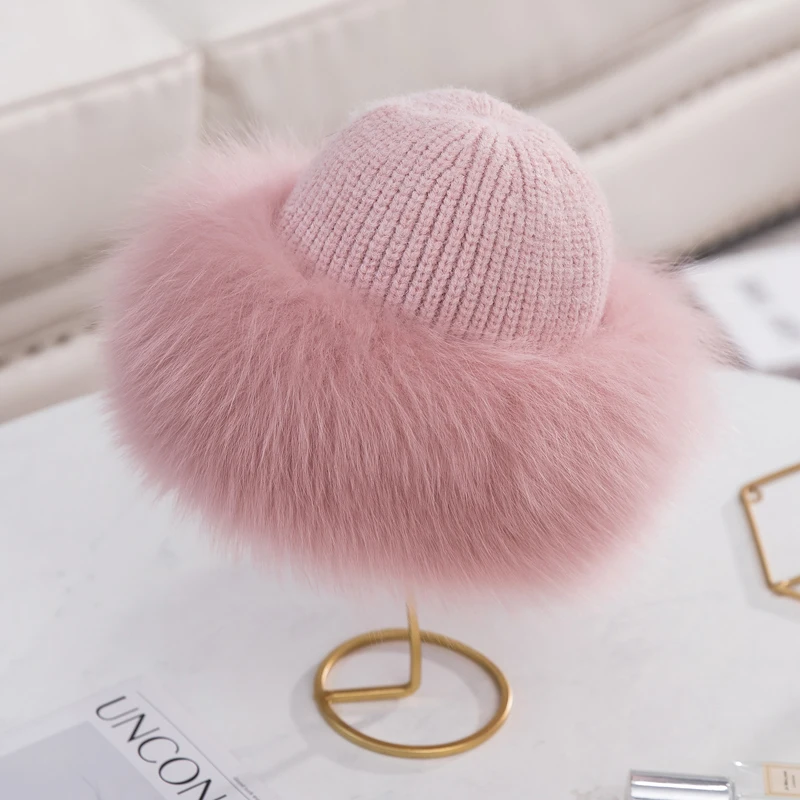 Winter Hats Women Natural Fox Fur Fuffy Warm Fashion Stylish Fedoras Knitted fur hat