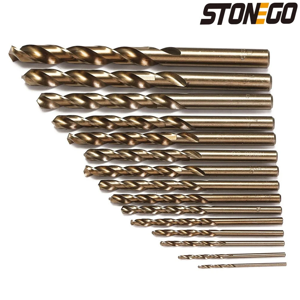 STONEGO 15PCS Cobalt Drill Bits For Metal Wood Working M35 HSS Co Steel Straight Shank 1.5-10mm Twist Drill Bit