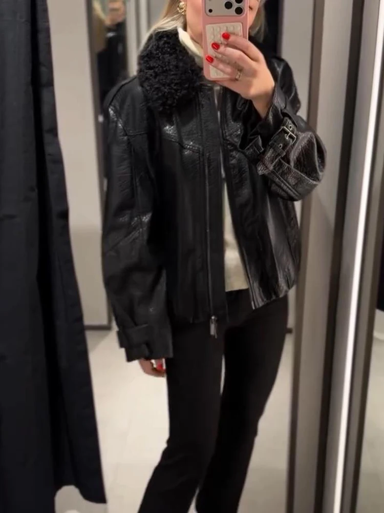 Elegant Black Fur Collar Leather Jacket Women's Retro Full Sleeve Zipper Pocket Loose Jackets 2026 Daily Highstreet Outerwear