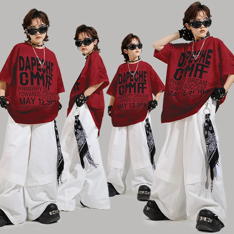 

Kid Kpop Hip Hop Clothing Red Letters Graphic Tee T Shirt White Casual Wide Parachute Pants for Girl Boy Dance Costumes Clothes
