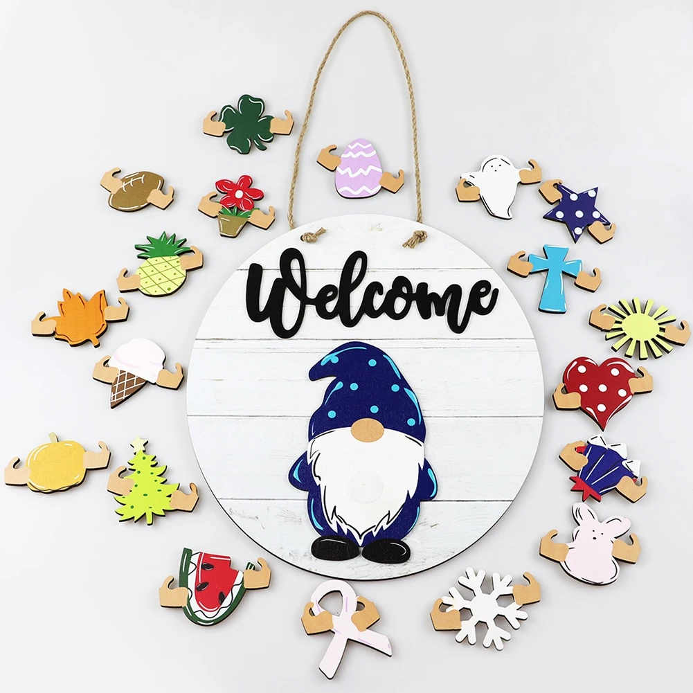 Round Holiday  Interchangeable Welcome Signs Gnome  Wooden Decoration Funny