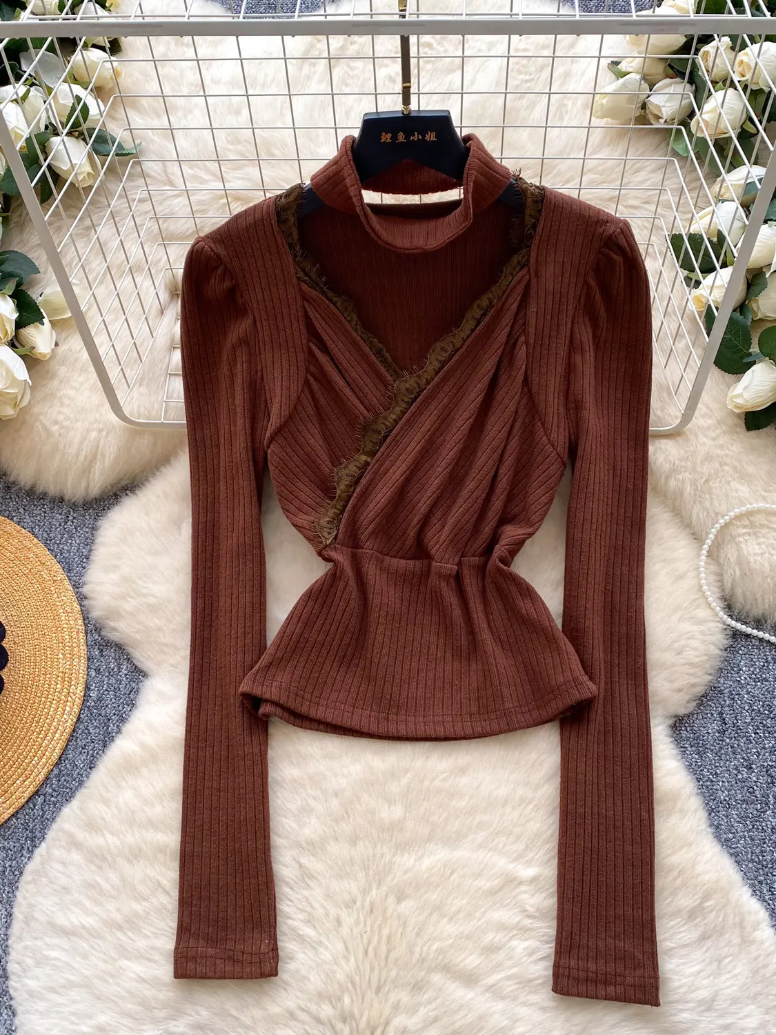 

2026 New Spring Autumn Fashion V-neck Long Sleeve T-shirt Asymmetrical Cross Lace Patchwork Solid Color T-shirt Tops