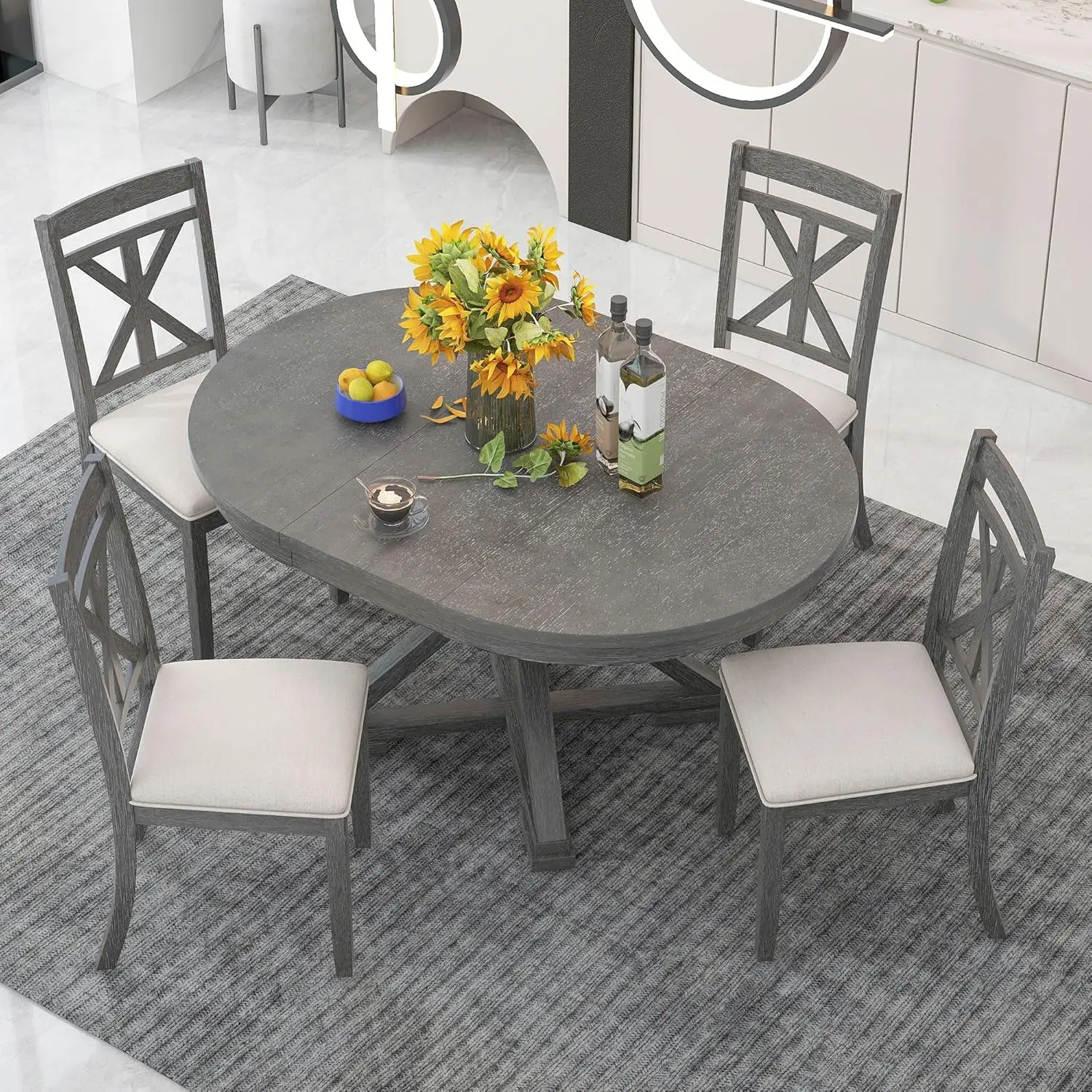 LUMISOL 5 Piece Dining Table Set, Round Kitchen Table Set with an Extendable Round Table and 4 Upholstered Chairs,