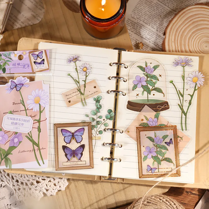 15Pcs Flower Butterfly Mushroom Shaped Stickers Water Bottle Photo Album Gift Calendar Decorative Material