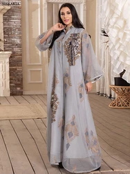 Siskakia Dubai Fashion Mesh Sequins Embroidery Evening Party Gown Jalabiyat Saudi Arab Casual Robe African Women Caftan Clothing