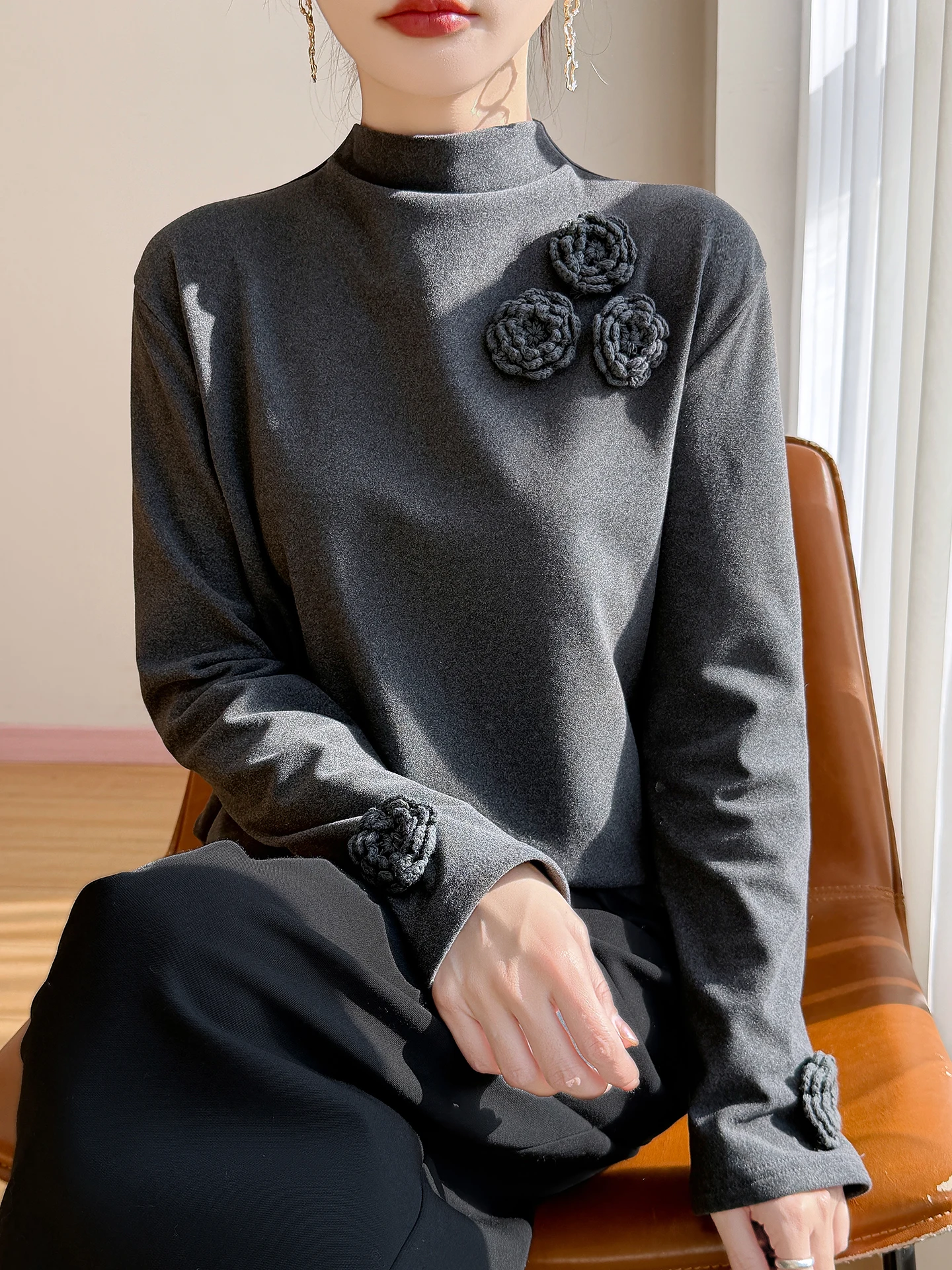 

Ladies' Fluffy Flower 3D T-irt f High Collar Warm Base Layer Top Double-sided Floing Velvet Casual Loose Fit Long Sve