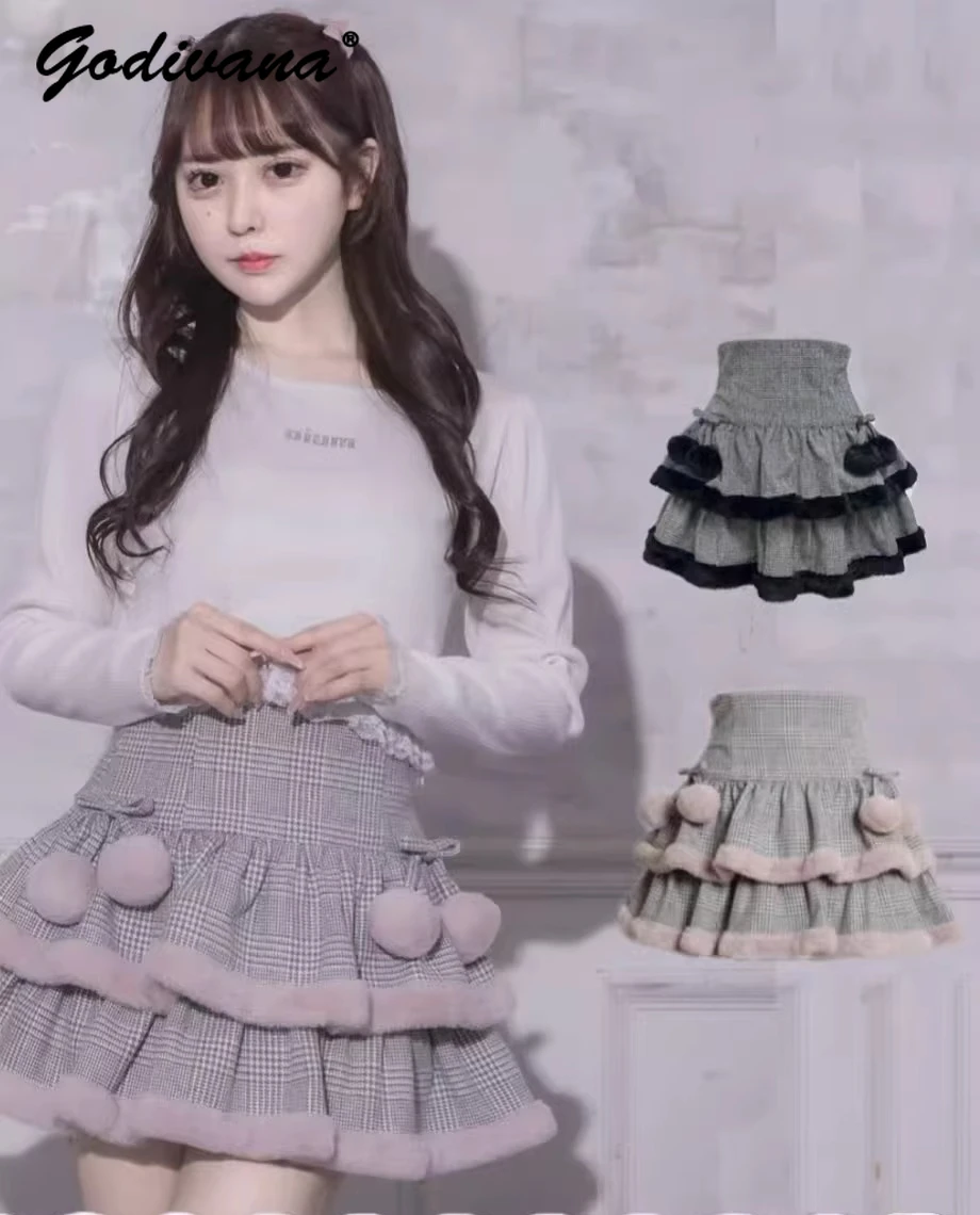 

Японская новинка: осенне-зимняя юбка-пирожное с высокой талией, в клетку, с пушистым подолом, для девочек и женщин