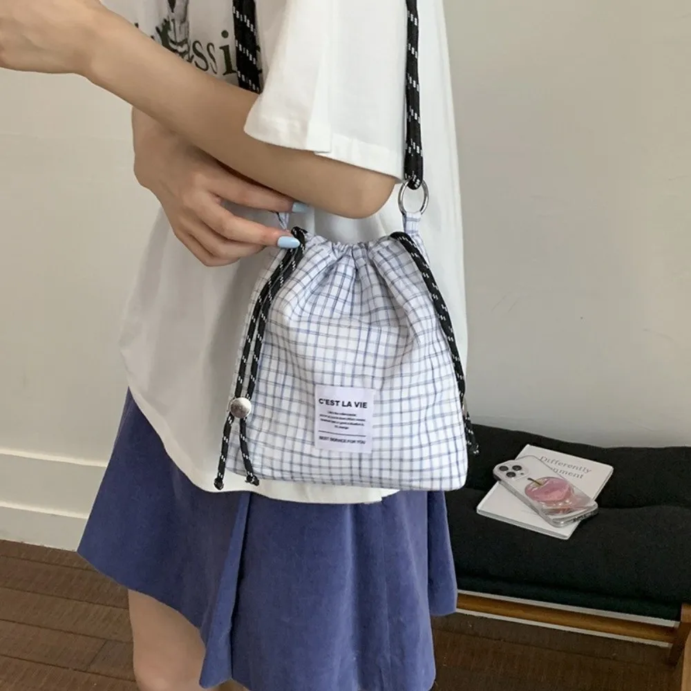 

Simple Korean Drawstring Bucket Bag Plaid Light Weight Nylon Crossbody Bag Leisure Casual Women's Handbags Purse
