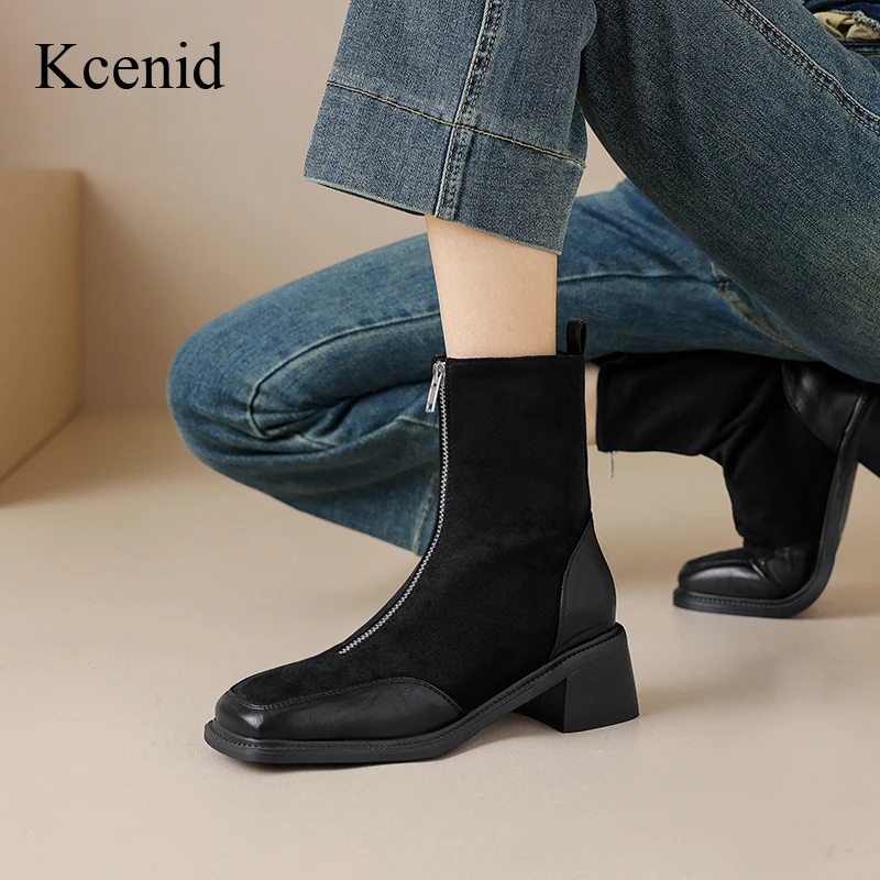 

Kcenid Fashion Square Toe Front zipper Ankle Boots For Women Elegant Chunky Heel Chelsea Boots Winter Shoes Woman Party Shoes