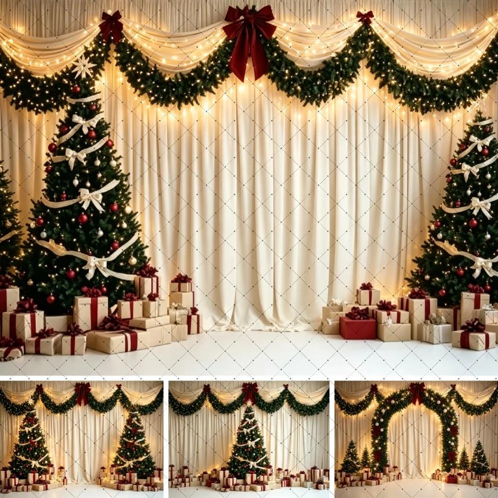 Christmas Cream Curtain Scene Backdrop Tree Bow Garland Gift Decor For Holiday Family Portrait Studio Photography Background