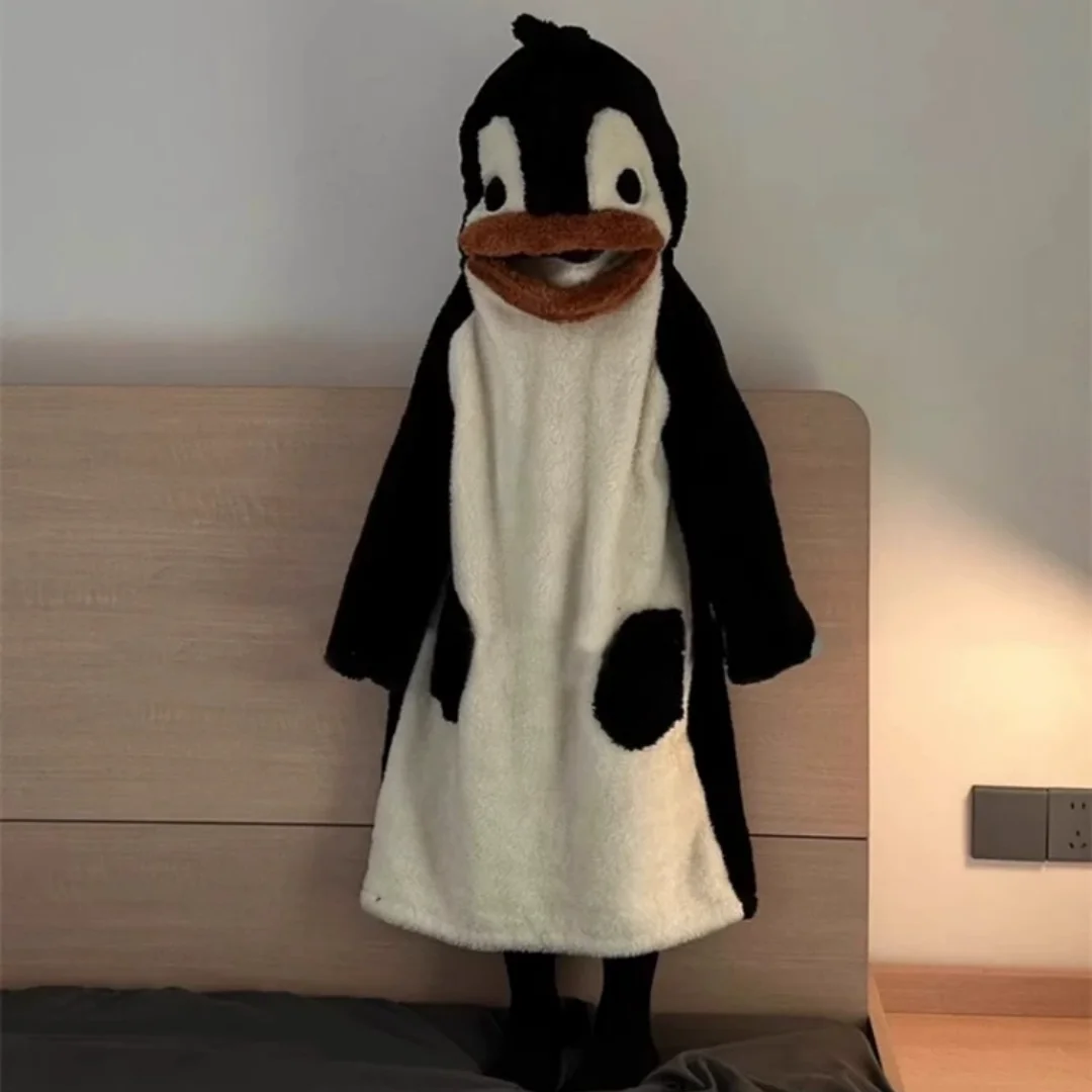 Милая пижама с капюшоном в виде пингвина, зимняя домашняя одежда с мультяшными животными, длинная ночная рубашка, коралловый флисовый халат, рождественские подарки для женщин и мужчин