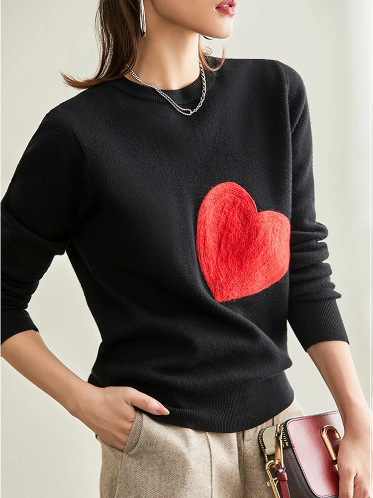 Wholesale Women Knit Sweater Embroidery Red Heart O-Neck Simple Style Fall Spring Autumn Slim Pullover Harajuku C-051-1