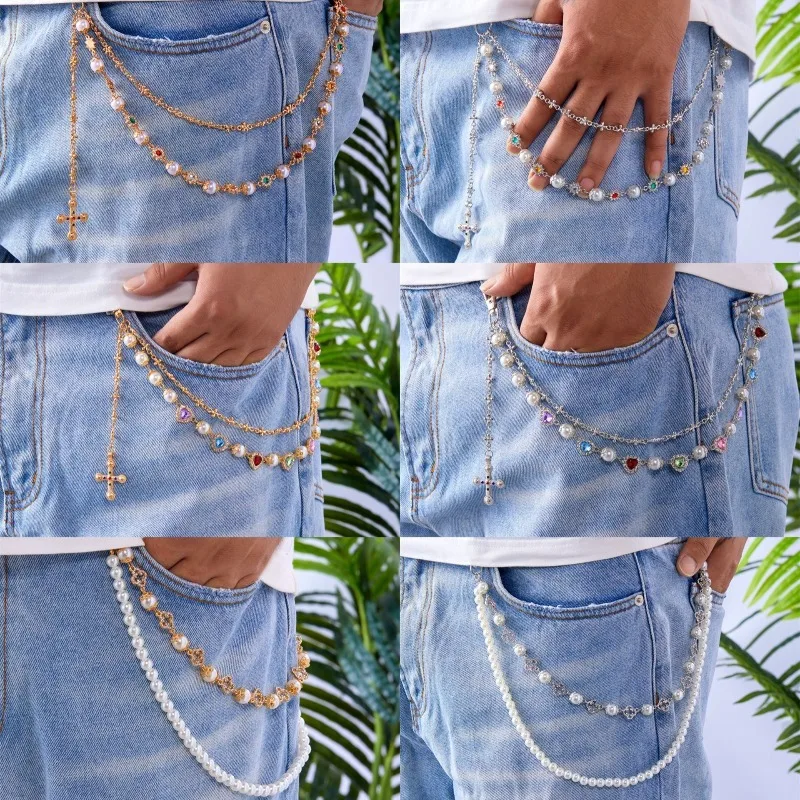 

Punk Hip Hop Cross Keychain Rhinestone Studded Waist Chain Colorful Faux Pearl Accessory