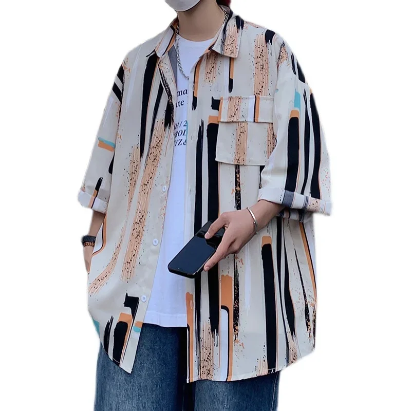 جديد 2025 الصيف التباين اللون قصيرة الأكمام قميص الرجال الكورية موضة فضفاضة مخطط قمصان رجالي عادية حجم كبير بلايز الرجال #5