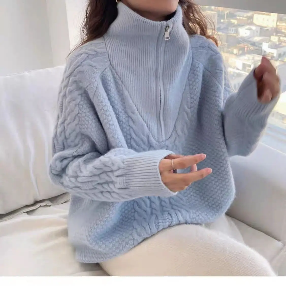 

2025 Autumn Winter Lazy High Neck Cotton Linen Knitted Sweater Slimming Pullover New Thickened