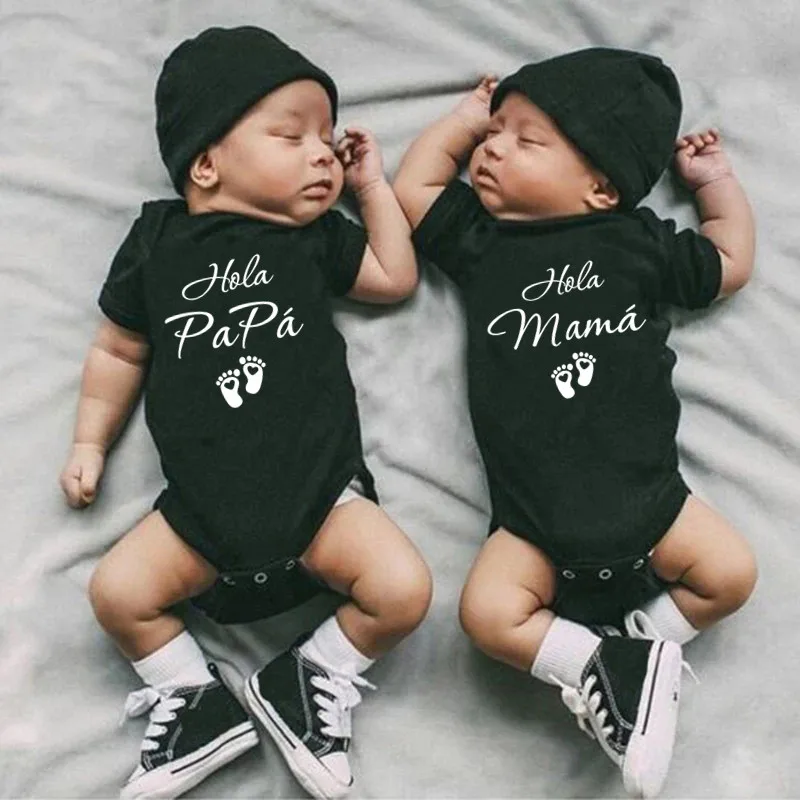 2022 Hola papa mama Newborn Baby Bodysuits Cotton Boys Girls Short Sleeve Baby Announcement Jumpsuit Outfits Infant Ropa Clothes