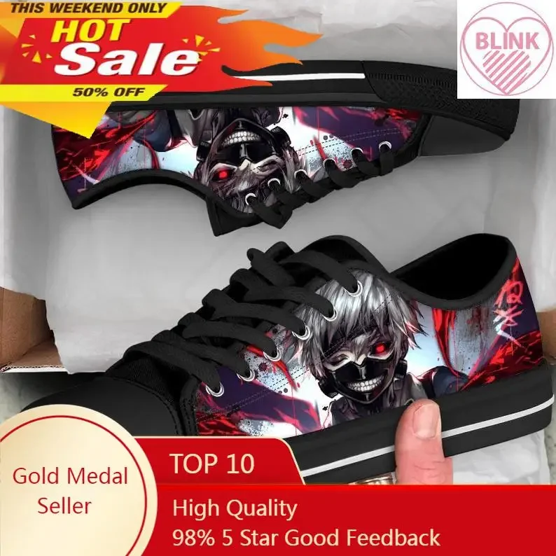 Sapatilhas de lona padrão Tokyo Ghoul masculinas, sapatos de cordões respiráveis, anime clássico estilo baixo, moda casual, S, Japão