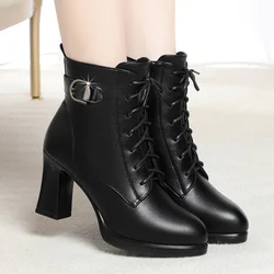 Winter Women Mon Cotton Shoes Retro Lace Up Chunky Thick Heels Ankle Boots Korean Version Black Plush Warm Platform Boots