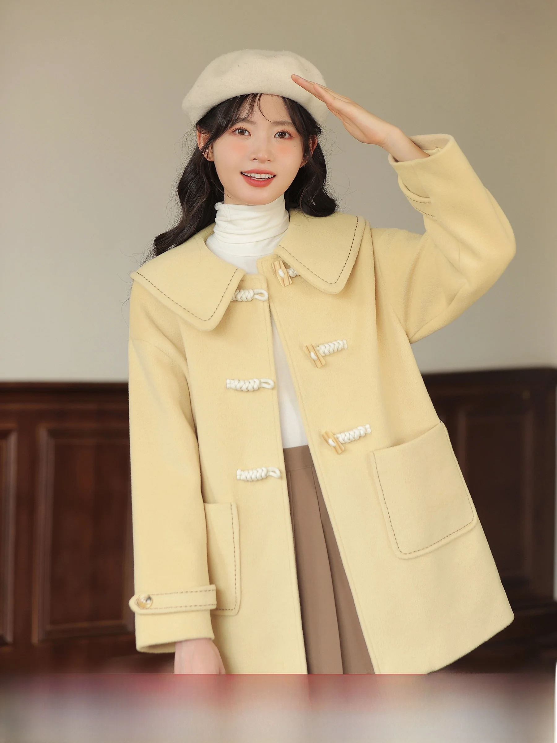 

Lingjiu 2025 New Women's Woolen Coat with Horn Buttons Korean Sle Commute Straight Tube Thi Winter Faion Outerwear