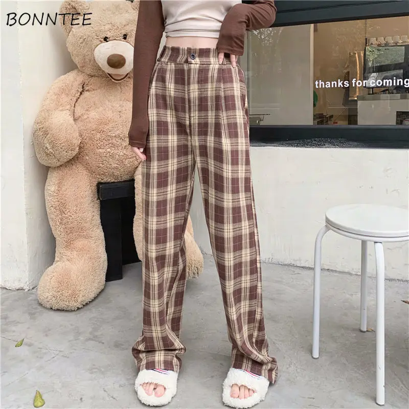

Pants Women Ins Spring Casual Full Length Stylish Plaid Female Student Korean Style Empire All-match Chic Straight New Arrival