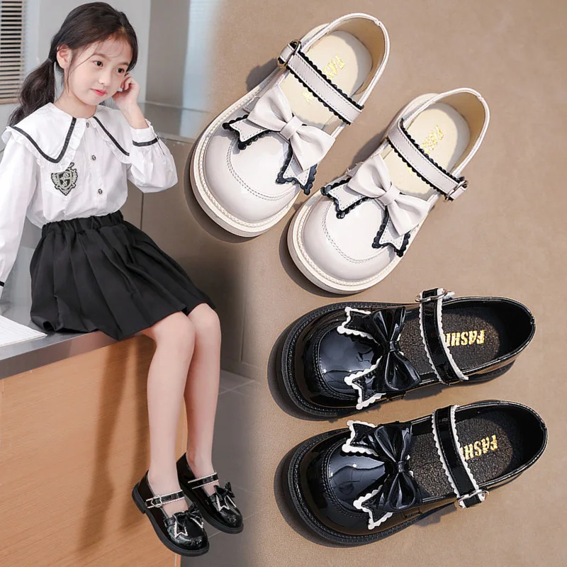 Girls Leather Shoes for Children Wedding Dress Princess School Shoes Kids Summer Bow-knot Black Student Sandals Korean Fashion