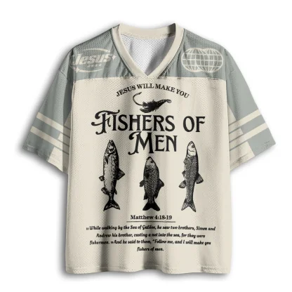 Fishers Of Men Vintage Bible Verse Fish Print Men V Neck Mesh Jersey Retro Short Sleeve Top