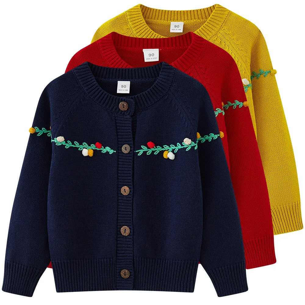 2024 Spring and Autumn Pure Cotton Hand-made Embroidery Ball Ball Children's Sweater Coat Wool Top Girl's Knitted Cardigan