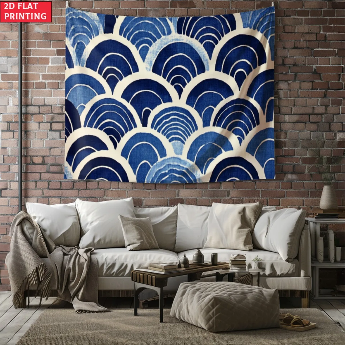 unframed Blue Wave Pattern Japanese Style Wall Tapestry Geometric Art Decor Ocean Design Boho Home Decoration Modern Minimalist 
