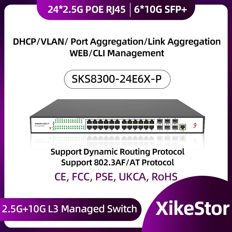 

XikeStor 2.5G 10G L3 Управляемый POE 24-портовый 2.5G POE RJ45 и 6-портовый 10G SFP+ Ethernet Поддержка VLAN Управление WEB/CLI