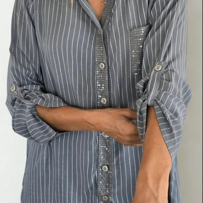 Striped Shirt Women Shirts V Neck Full Sleeve Single Breasted Loose Tops Y2k Streetwear Elegant Sequins Basic Casual Autumn 2026