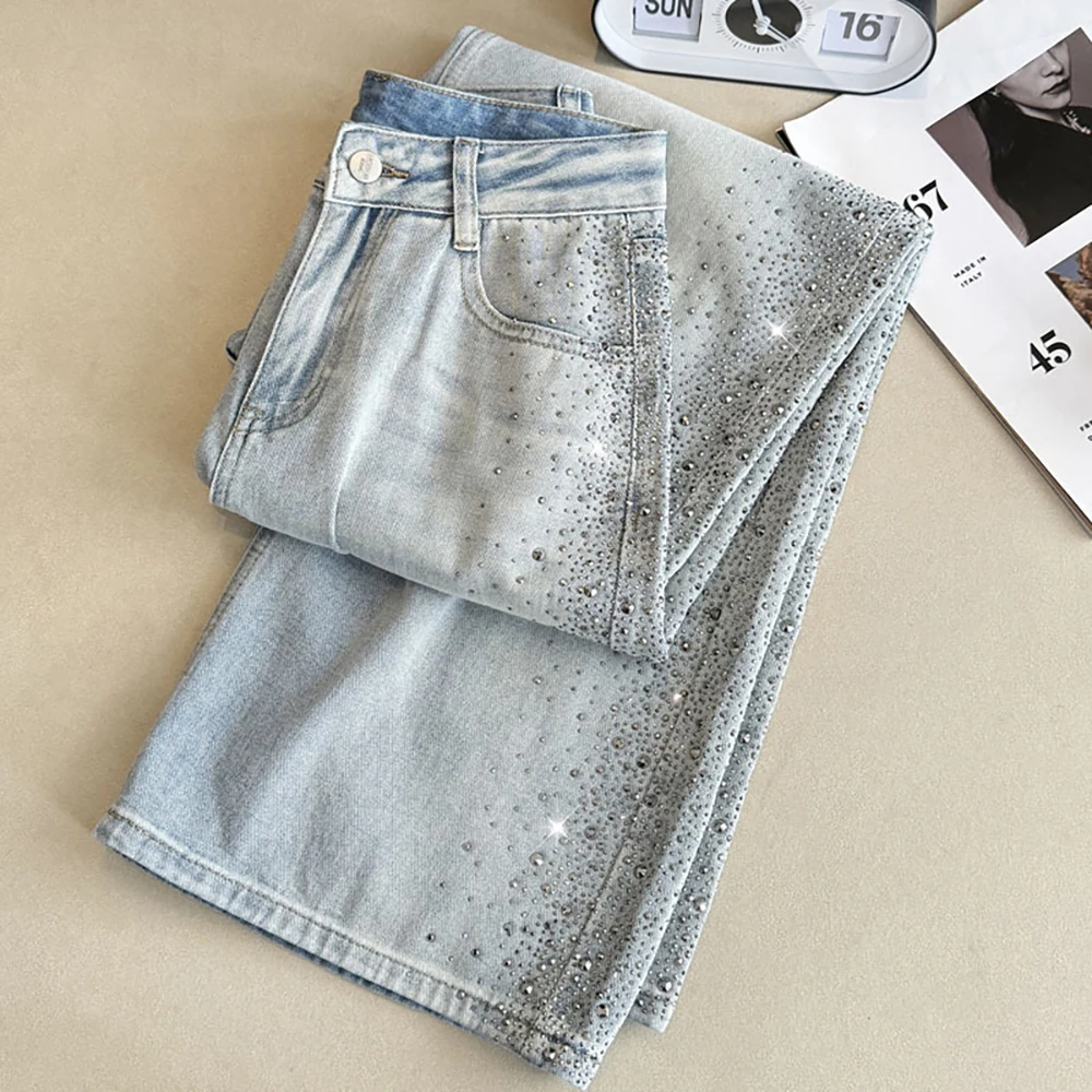 

Luxury Glitter Rivet Side Jeans for Women Trendy High Waist Gradient Rhinestone Light Blue Denim Pants Straight Wide Leg Pants