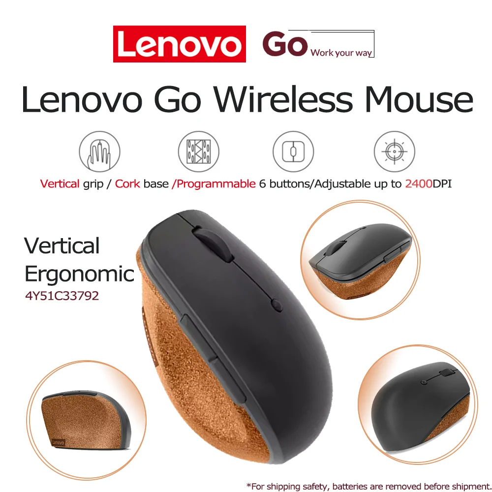 

Беспроводная вертикальная мышь Lenovo Go, эргономичная, 4Y51C33792, 6 кнопок, программируемый синий оптический датчик, 2400 точек на дюйм, комфорт, натуральный