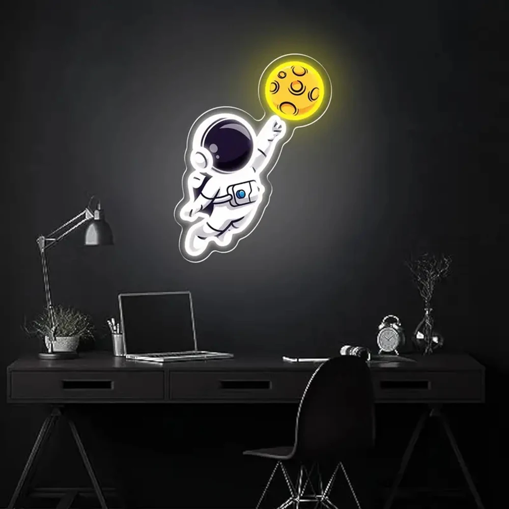 Astronaut Catching Moon Artwork Acrylic Neon Sign Kids Room Bedroom Wall Decoration Custom Led Neon Light Personalized Gifts