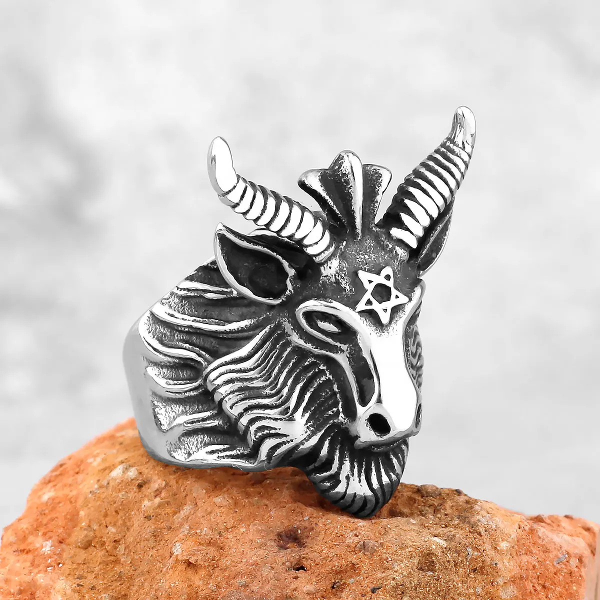 Vintage Satan Sign Pentagram Goat Head Ring Punk Gothic Style High Quality Metal Satan Goat Ring Charm Men\'s Punk Biker Jewelry