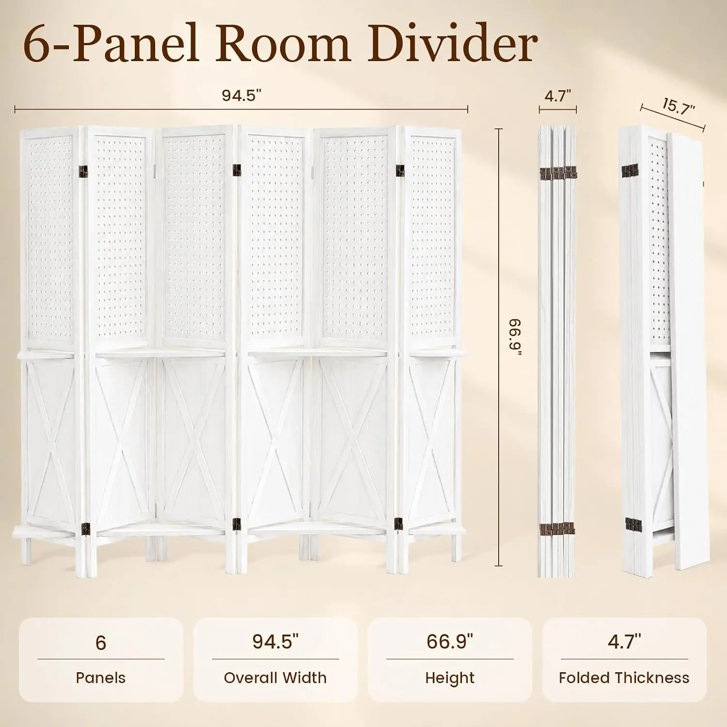 6 Panel Pegboard Room Divider with Shelves White Folding Freestanding Partition Screen For Bedroom Home Office Apartment Privacy