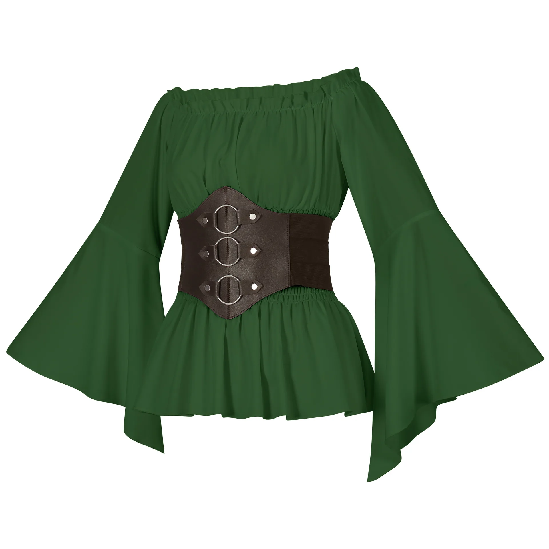 2PCS Renaissance Costume Women's Off Shoulder Ruched Top New Ruched Ruffles Flare Sleeves Blouse With Lace-Up Corset Belt Sets