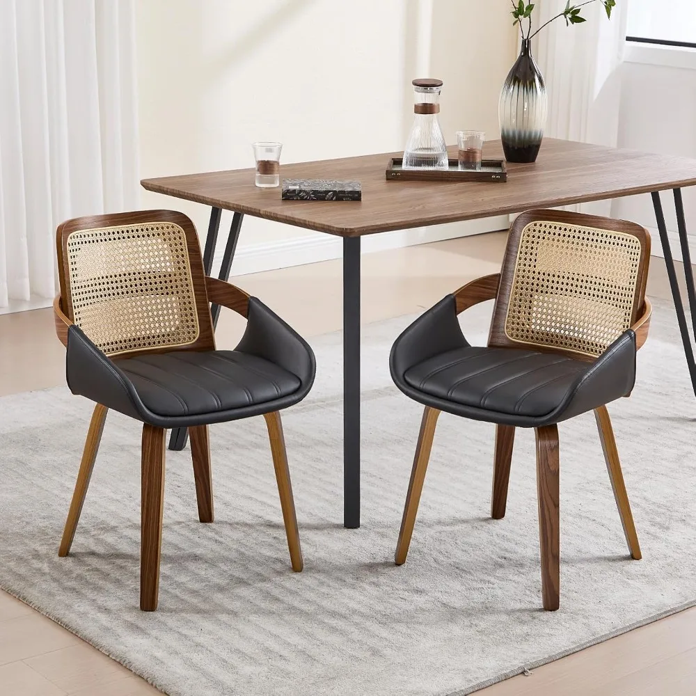 

Pair of Mid-Century Modern Dining Chairs with Rattan Backrest and PU Leather Upholstery