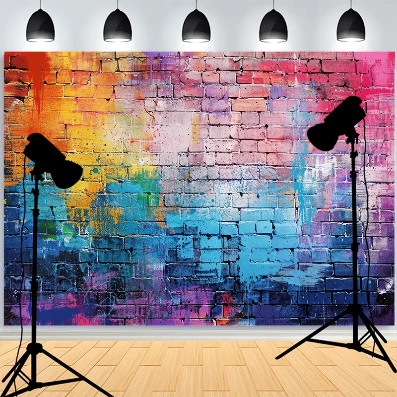 

Abstract Neon Rainbow Painted Brick Wall Background Damaged Rustic Texture Vibrant Graffiti Grunge Photography Backdrops BK-06