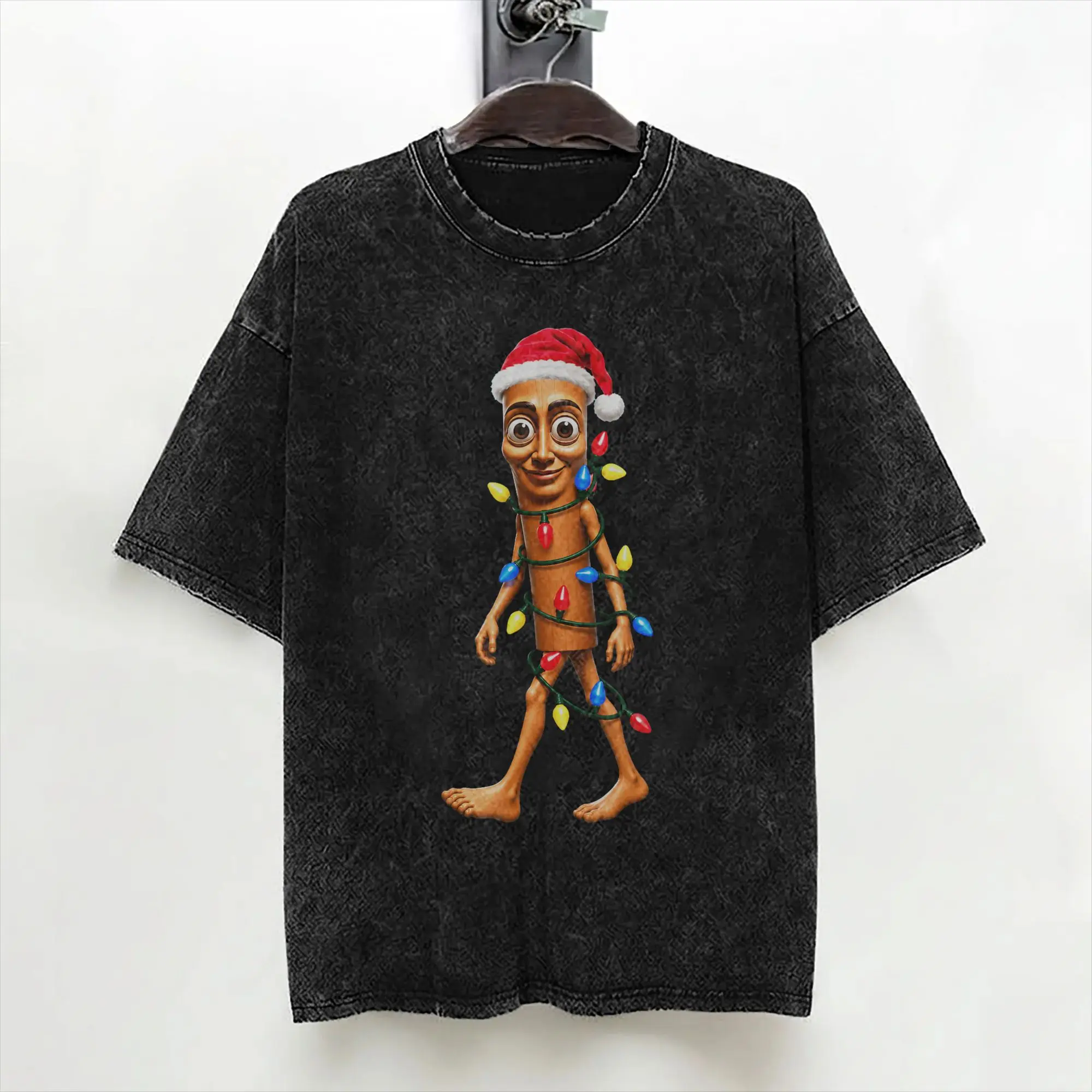 Tung Tung Sahur Santa Christmas Tree Lights T Shirt Washed 100% Cotton T-Shirts  Fashion Men Women Streetwear Summer Tops Tees