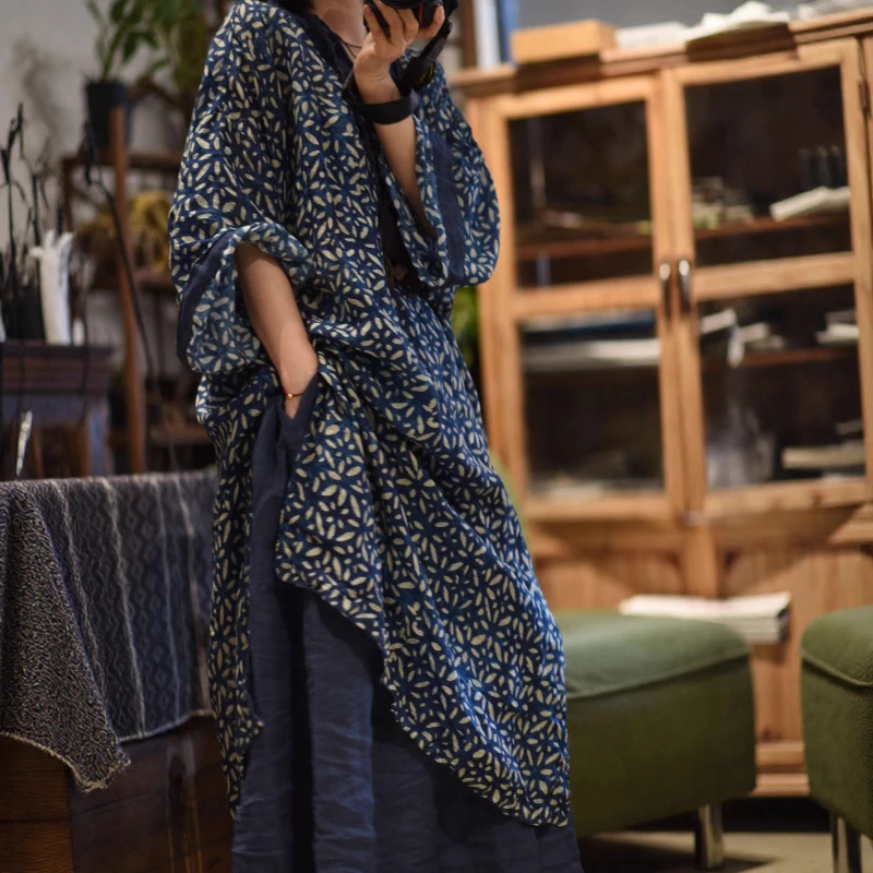 High Quality Ramie Vintage Printed Batwing Sleeve Long Dress Tunics New Autumn Arts Style Runway V Neck Women Loose Thin Dresses