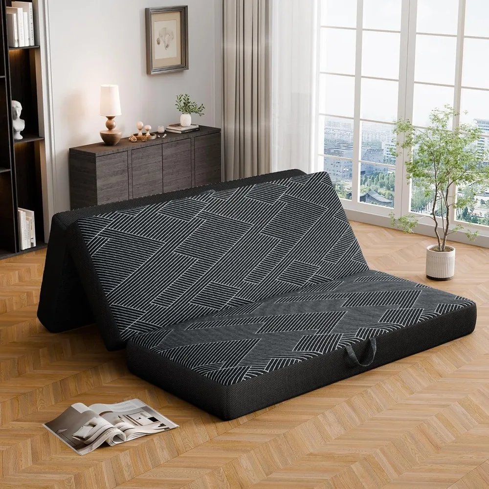 

Queen Size - 6 Inch Tri Folding Mattress Portable Tri-fold Mat, Handle & Non-Slip Bottom with Washable Cover f