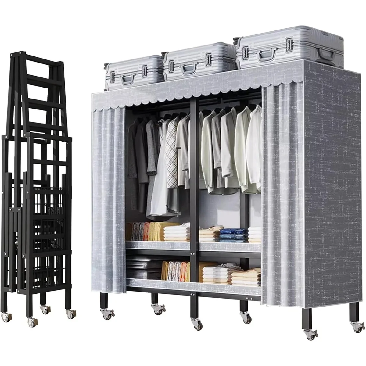 Portable Wardrobe Closet Rack,1100lbs,Heavy-Duty Foldable Garment Rack with Cover，Freestanding Clothes Organizer System