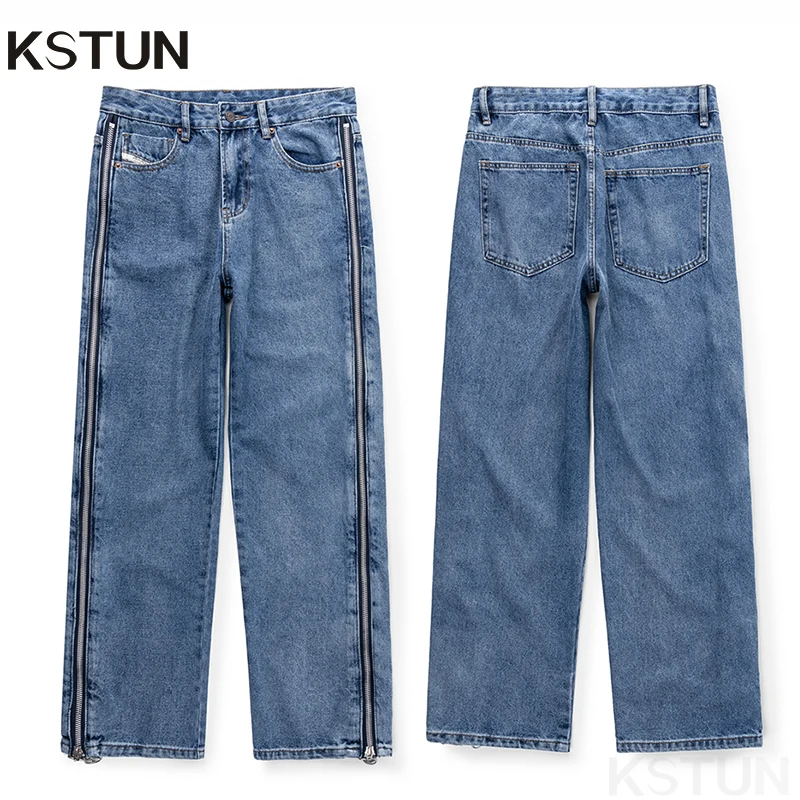 

KSTUN Fashion Men Jeans Blue Straight Cut Double Side Zippers Desinger Streetwear Male Denim Pants Trousers Trendy 2024 New Kpop